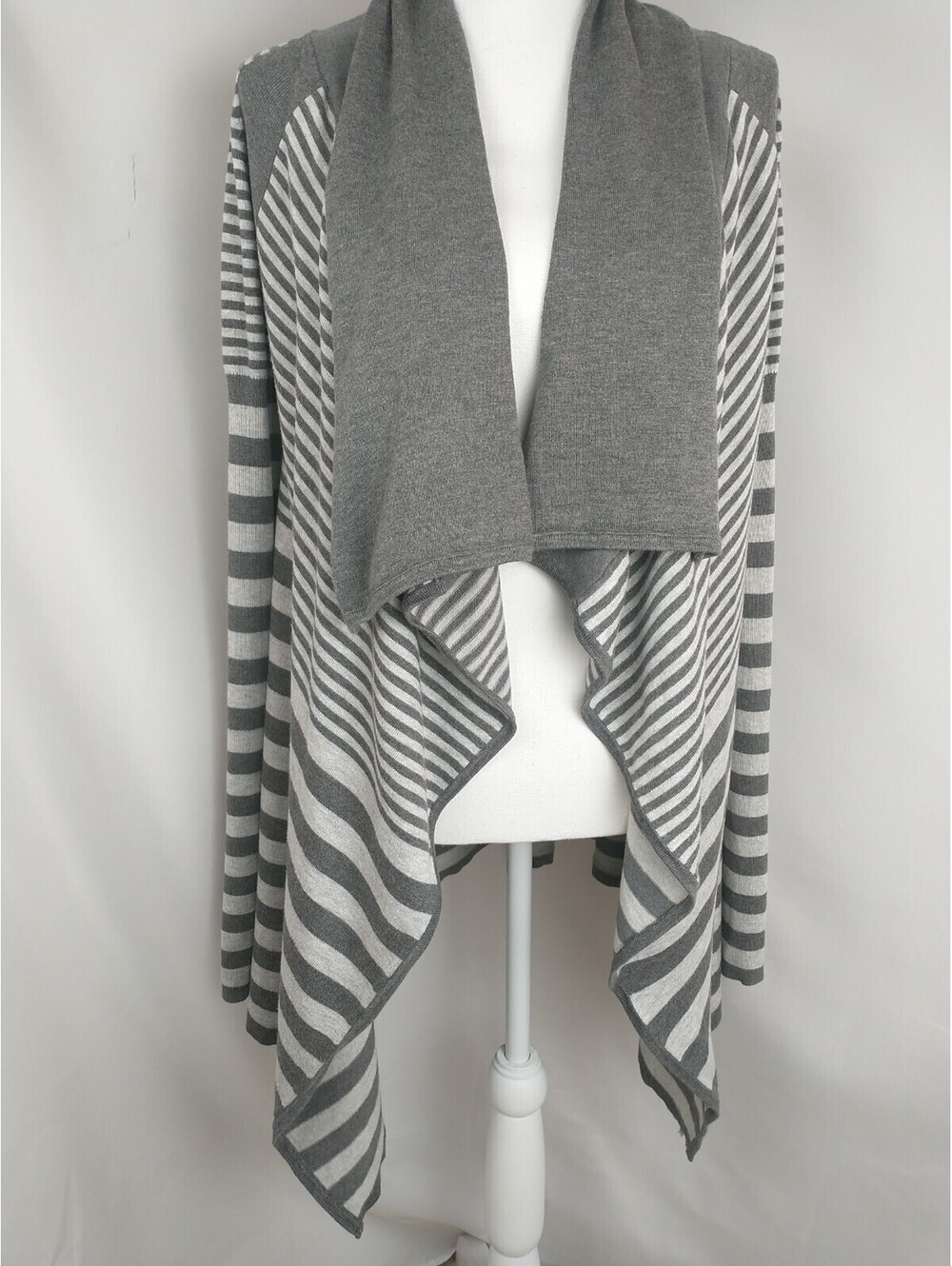 Lyn Cardigan, Gray Stripes, Knit, Open Front, Medium